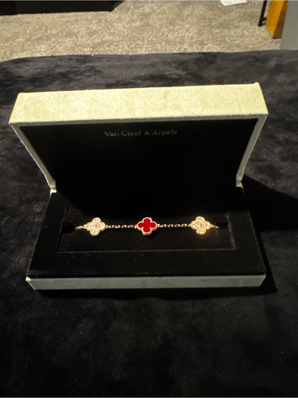 Van Cleef & Arpels Gold Chain Bracelet with Red Clover and Pavé Accents